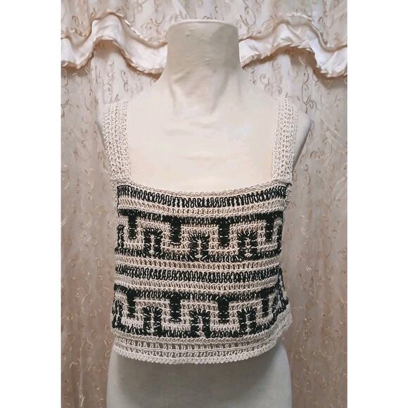 Crochet Bohemian Half Top Womens Sz L Beige Semi Sheer Cropped Festival Coquette - Picture 3 of 16